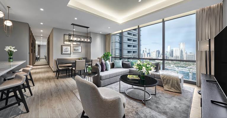 Modern furnished apartment living room for relocating teams